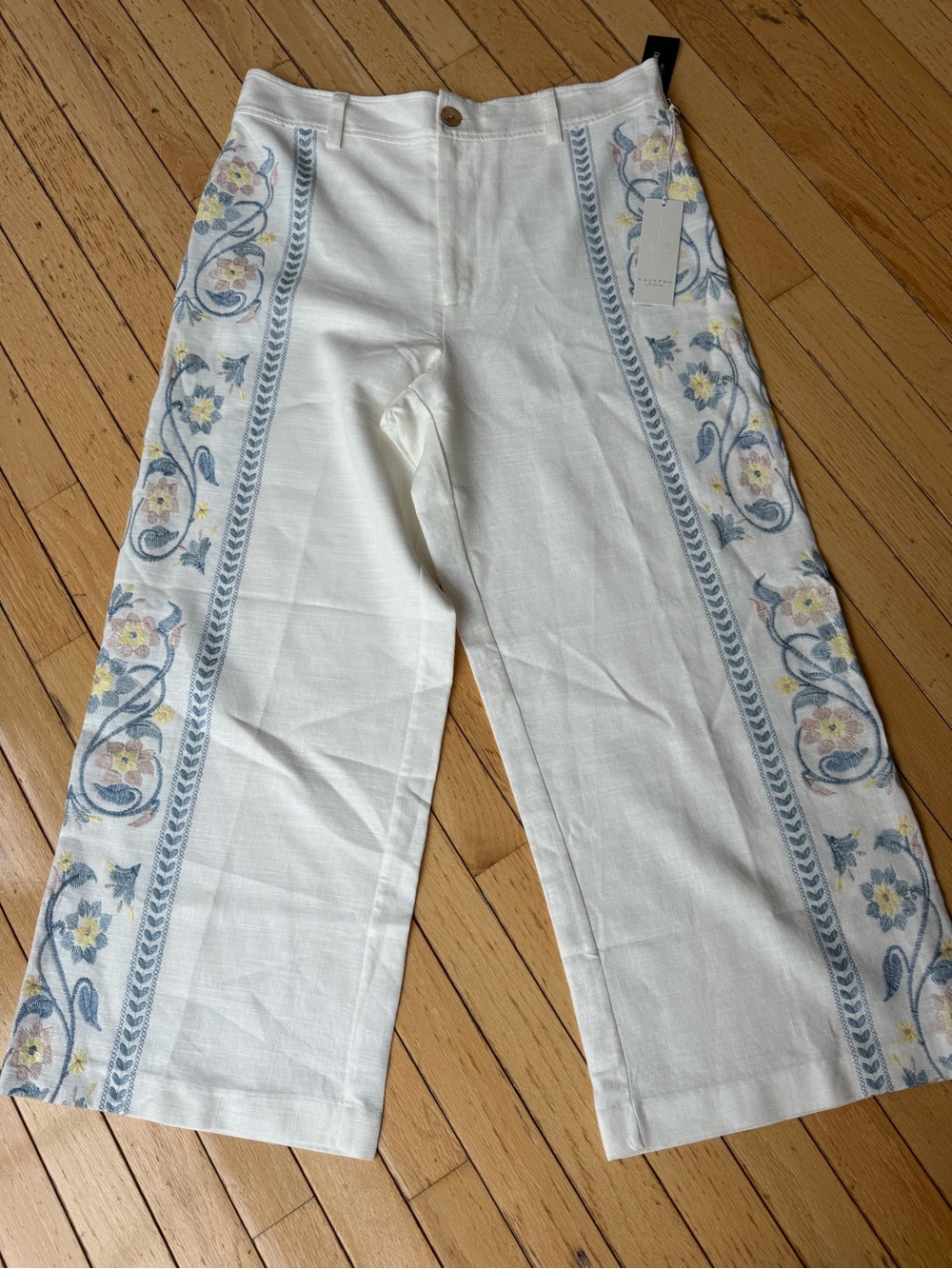 Calypso St. Barth White Wide-Leg Pants with Blue and Yellow Floral Embroidery